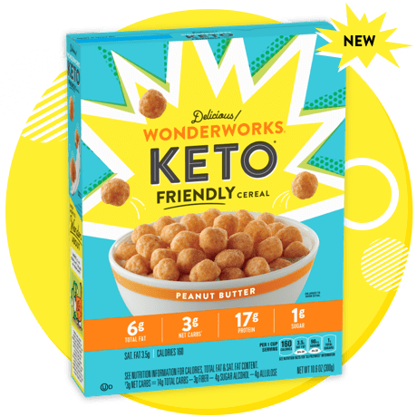 A teal-colored box of delicious Peanut Butter Wonderworks Keto Friendly Cereal