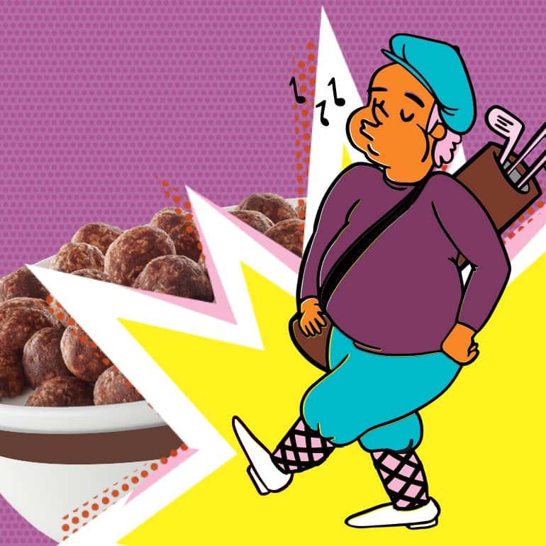 A comic-book style illustration of a whistling golfer walking near a bowl of Chocolate Wonderworks Keto Friendly Cereal.