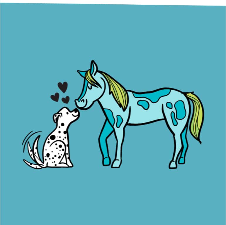 A comic-book style illustration of a horse kissing a Dalmatian.