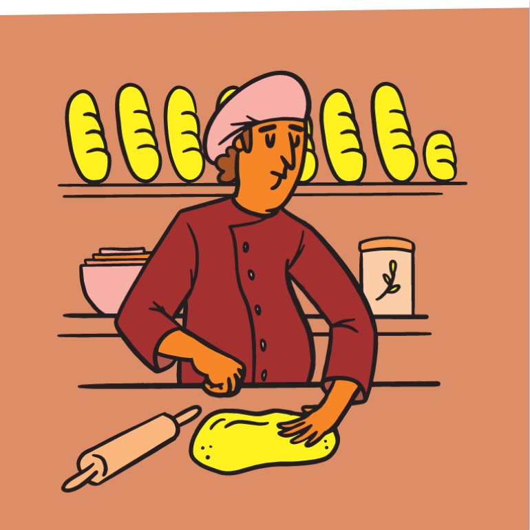 A comic-book style illustration of of a man in a chef's hat kneading French Bread dough.