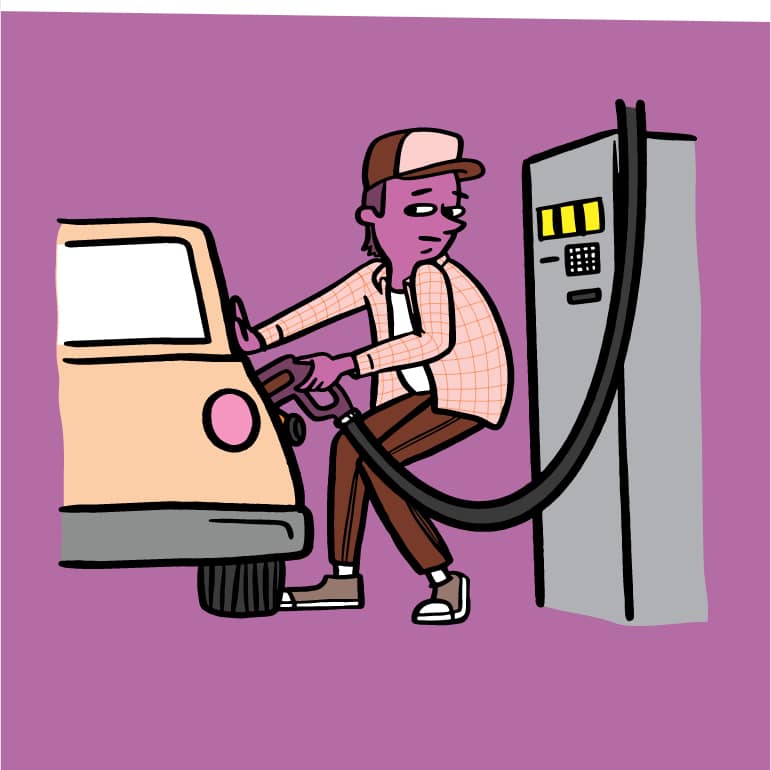 A comic-book style illustration of a man nervously pumping gas into his car at a gas station.