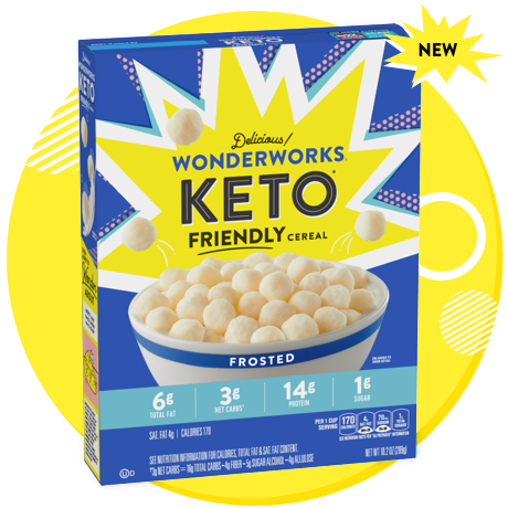 A blue colored box of delicious Frosted Wonderworks Keto Friendly Cereal